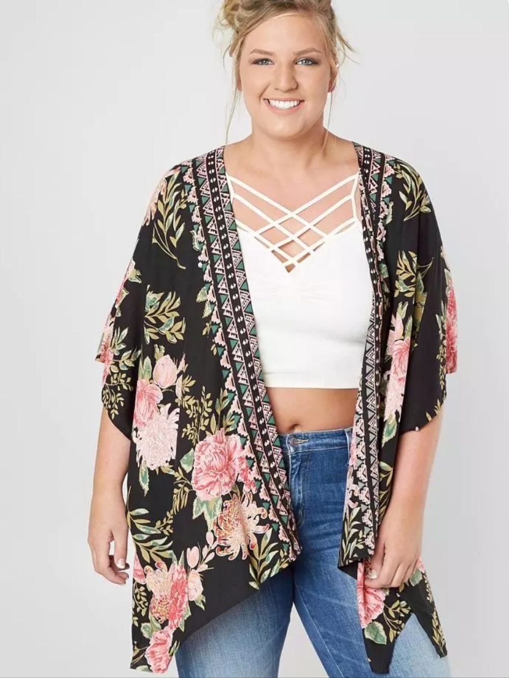 Angie Black Floral Draped Kimono